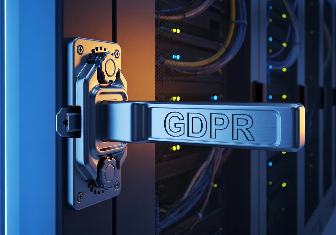 A heavy-duty metallic security handle engraved with "GDPR" locking a server rack door in a high-tech data center with glowing blue and yellow indicators