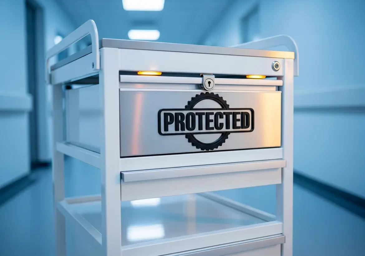A secure medical or data cart in a brightly lit, sterile hallway with a locked top drawer bearing a prominent "PROTECTED" security seal badge.