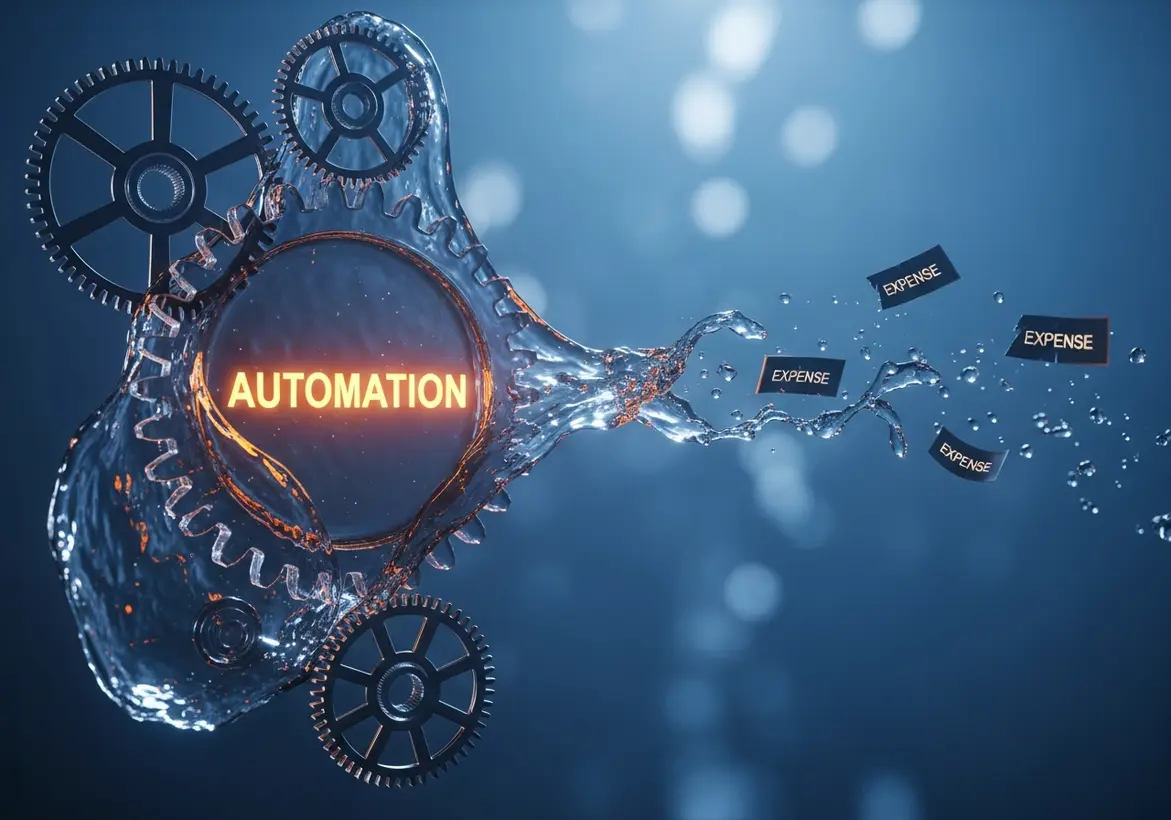 “Conceptual illustration of financial automation with gears processing expense data, representing automated payroll and expense management in scalable startup finance systems.”