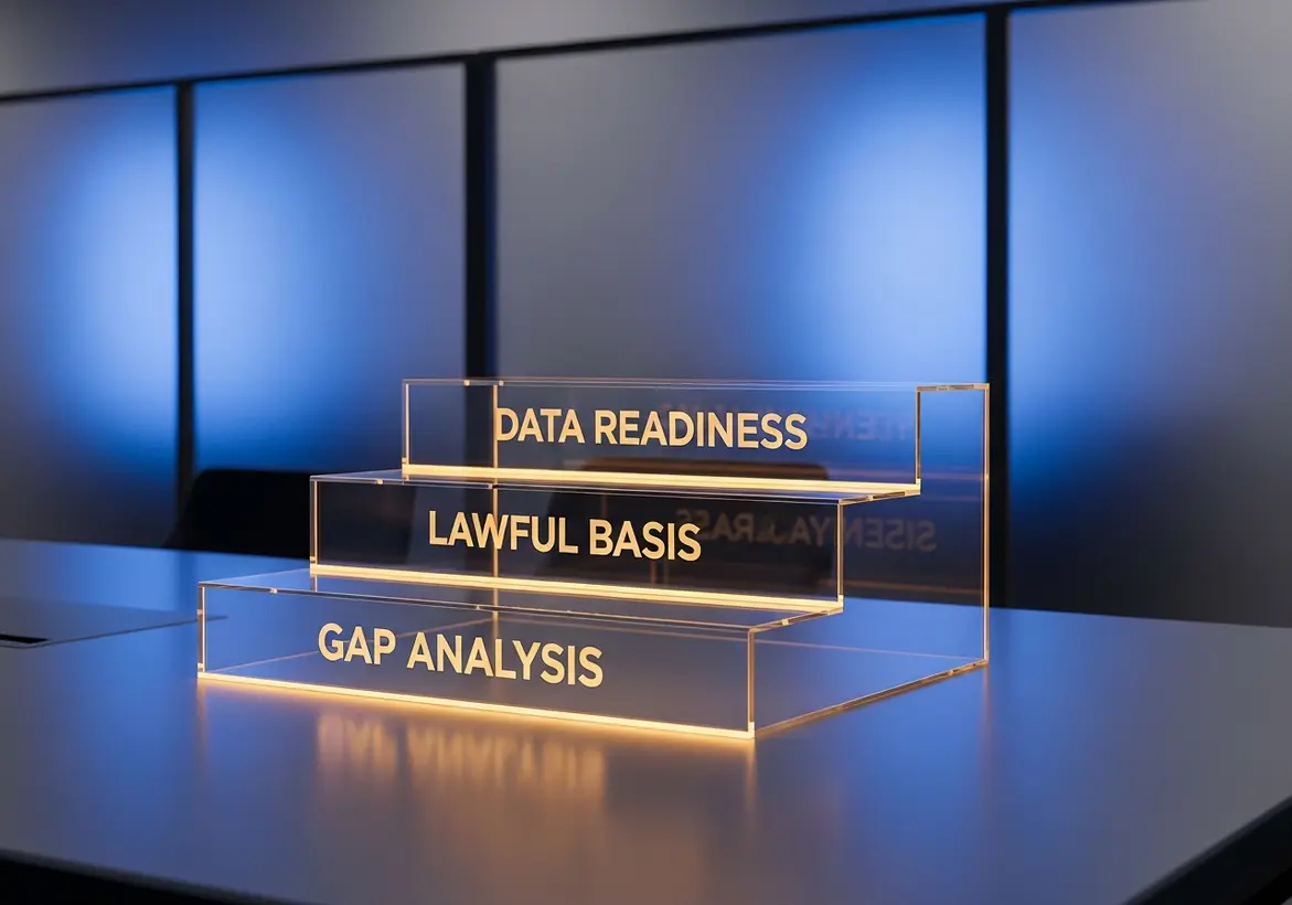 A three-tiered illuminated acrylic display on a boardroom table showing the steps of compliance: Gap Analysis at the base, Lawful Basis in the middle, and Data Readiness at the top.
