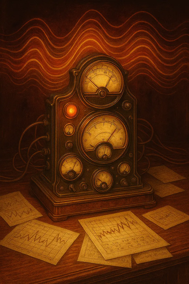 Vintage machine with glowing gauges on a wooden table, surrounded by hand-drawn charts.