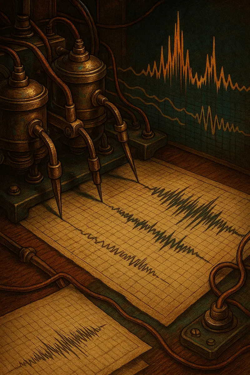 Vintage graphing machine with metal arms drawing waveforms on paper