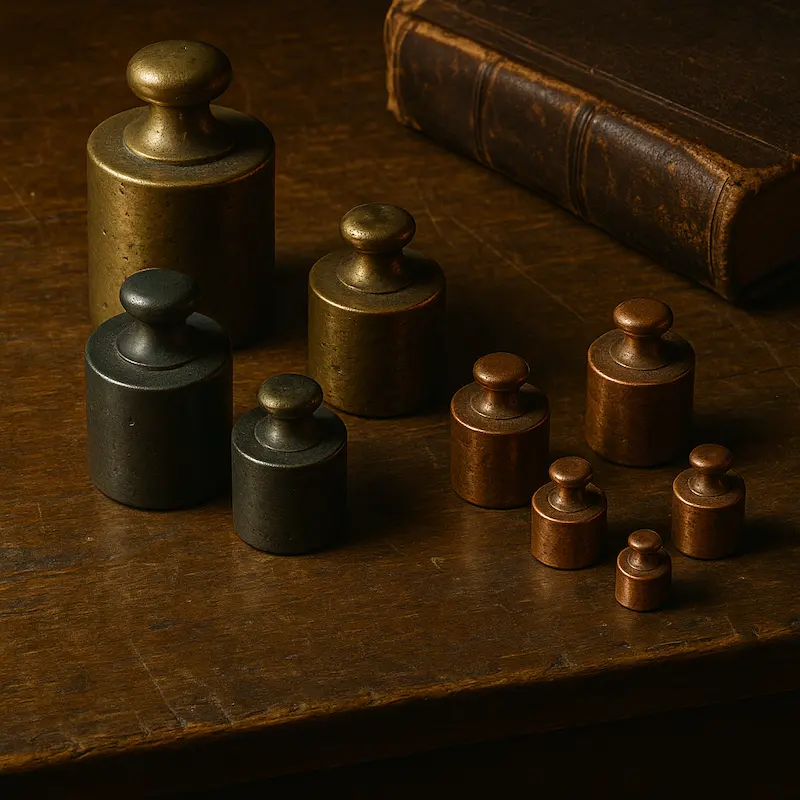 Set of antique brass and metal weighing scales arranged on a wooden table beside an old leather-bound book, symbolizing balance and financial measurement.