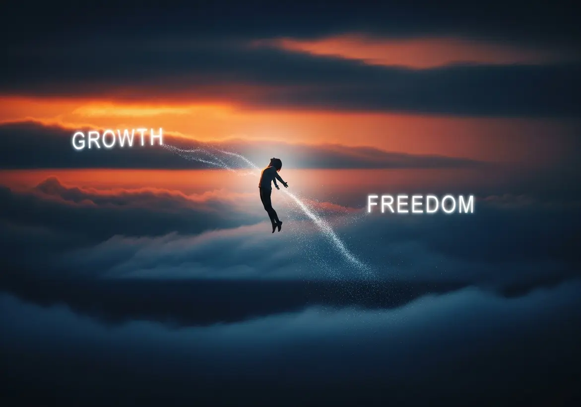 A silhouette of a person floating peacefully above a sea of clouds during a vibrant sunset. Trails of light connect the person to the glowing words "GROWTH" and "FREEDOM," representing the relief of delegating financial tasks.