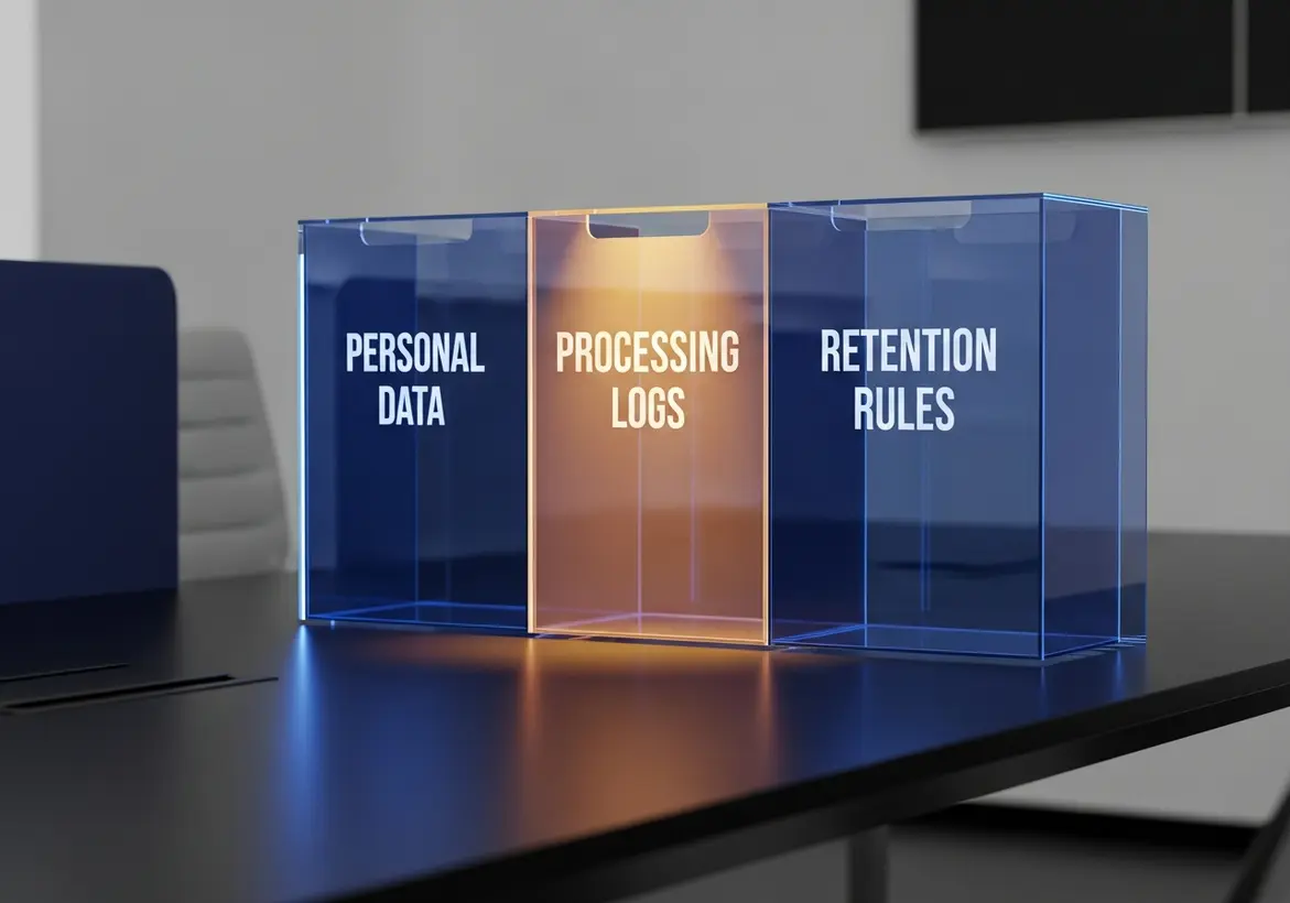 Three transparent blue and orange acrylic boxes on a boardroom table labeled "PERSONAL DATA," "PROCESSING LOGS," and "RETENTION RULES."