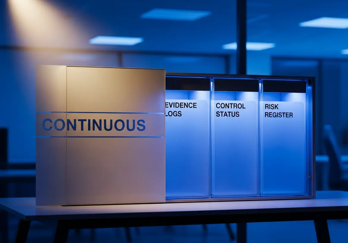 A modern, blue-lit digital interface or physical display cabinet in an office setting. A sliding panel labeled "CONTINUOUS" reveals sub-sections for "Evidence Logs," "Control Status," and "Risk Register," illustrating the concept of real-time compliance monitoring.