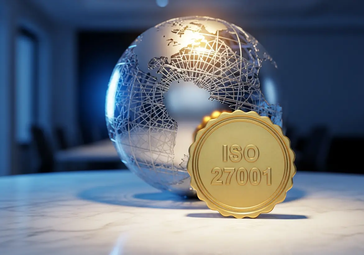 A high-quality 3D render of a wireframe silver globe on a marble surface with a gold "ISO 27001" seal in the foreground, representing global security standards.