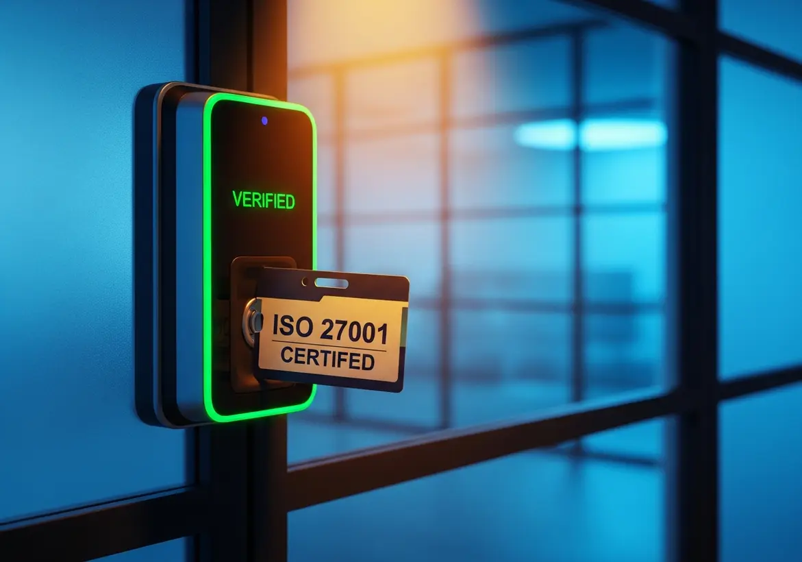A close-up of a modern electronic door card reader glowing green with a "VERIFIED" message, with an "ISO 27001 CERTIFIED" keycard inserted into the slot.