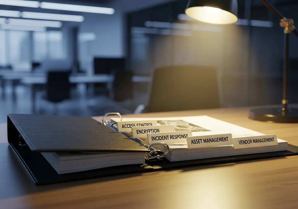 An open black ring binder on an office desk under a lamp, featuring divider tabs labeled Access Control, Encryption, Incident Response, Asset Management, and Vendor Management.