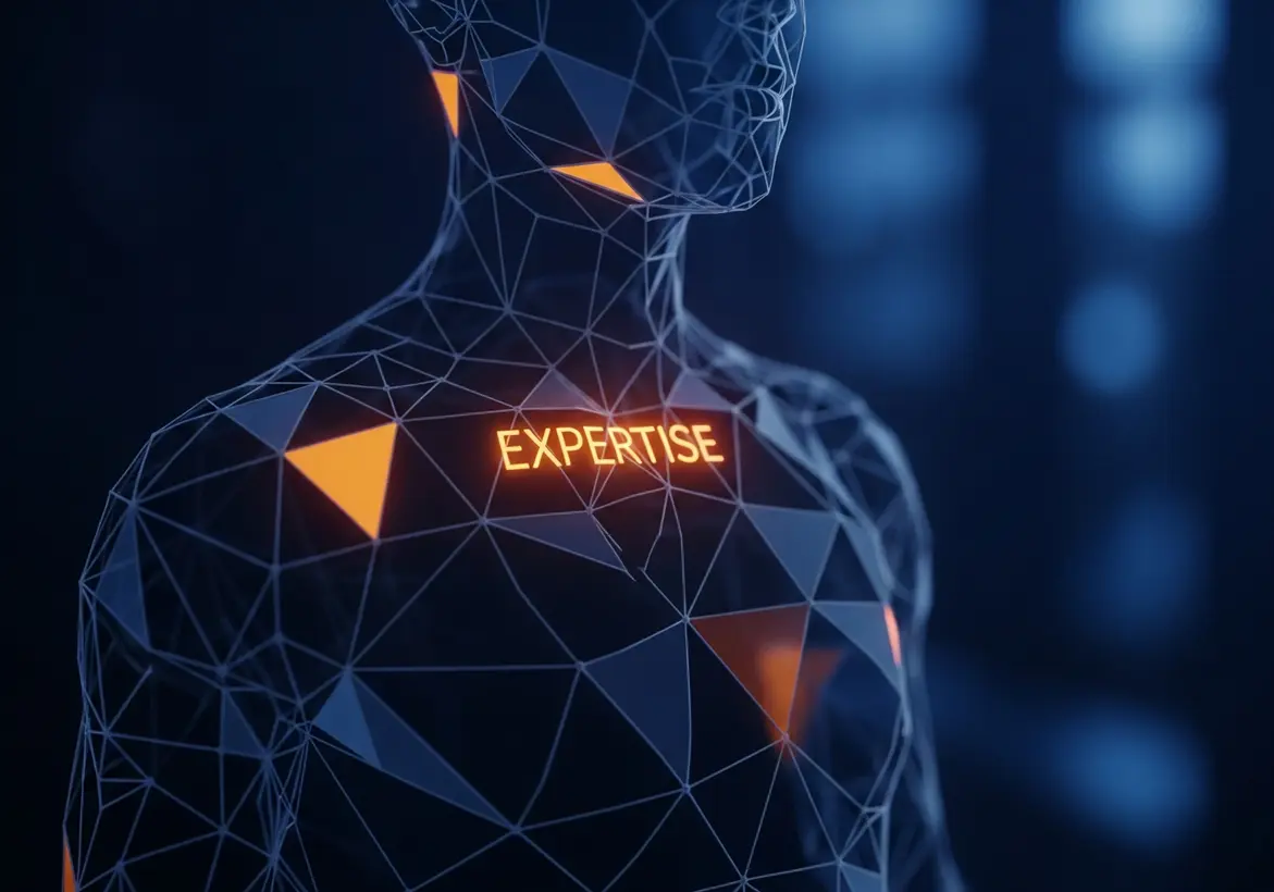 A futuristic, digital wireframe of a human torso with glowing blue lines and orange accents. The word "EXPERTISE" glows brightly on the chest, symbolizing the specialized skill brought in by fractional financial leadership.